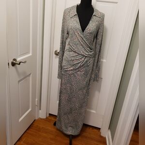 Free People Shayla Floral Print Knit Faux Wrap Dress Size Large, Boho Mint Combo